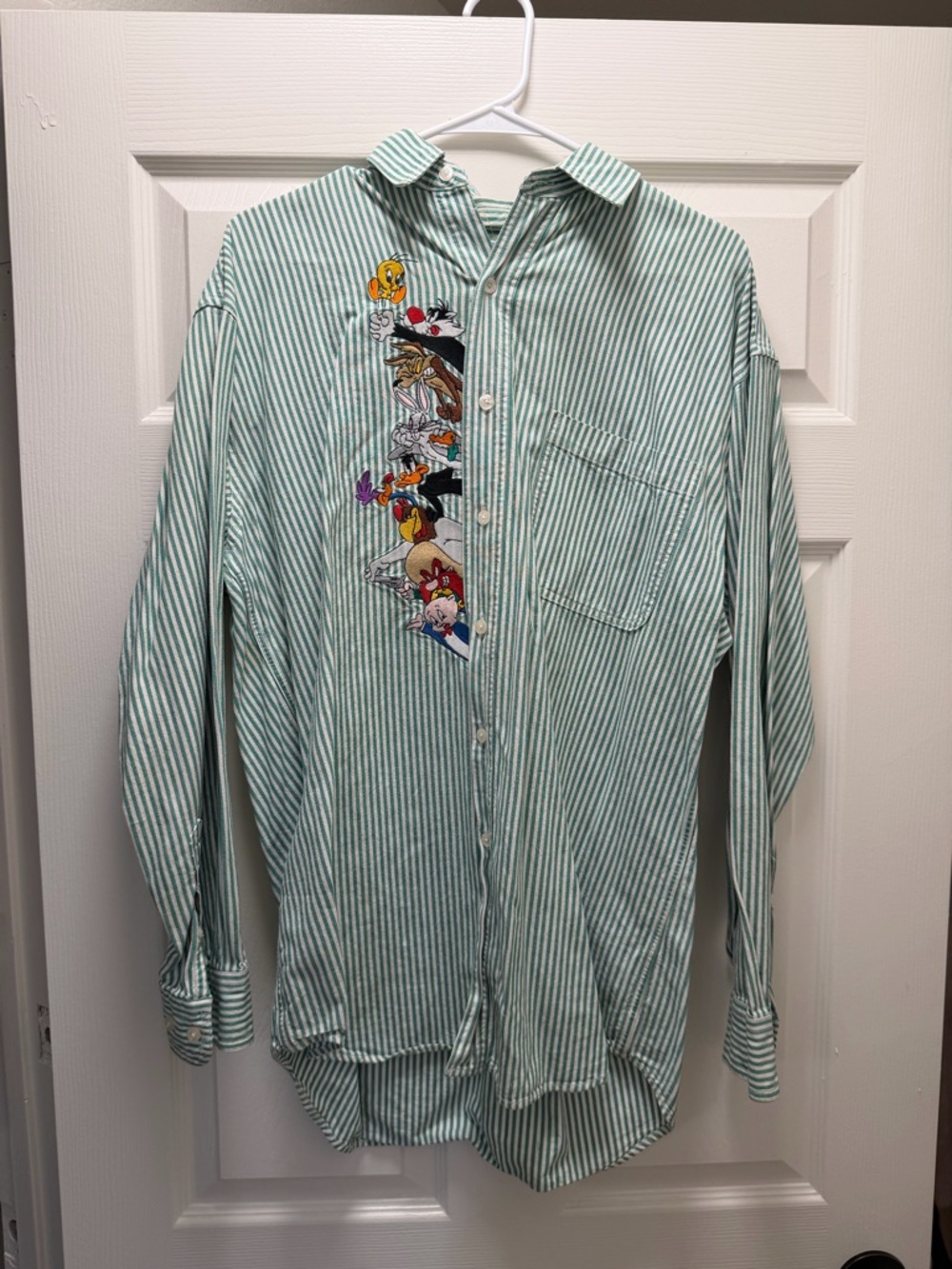 ACME Green and White Striped Cartoon-Embroidered Button-Down Shirt